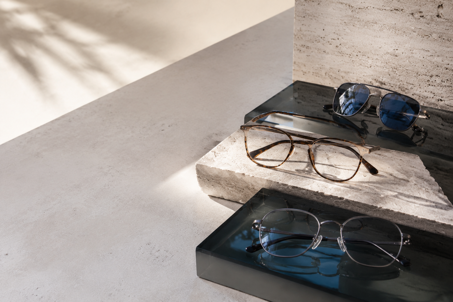 Sélection de lunettes dans une lumière méditerranéenne